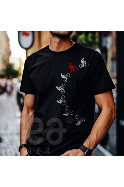 Crea Eymer Wear Ποδηλάτης - Ride Bicycle Design Pattern Printed Crew Neck 100% βαμβακερό μπλουζάκι μαύρο - κόκκινο