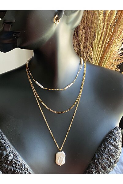 Lucios Barok inci detaylı gerçek inci paslanmaz çelik 3'lü kombin kolye (özel tasarım)