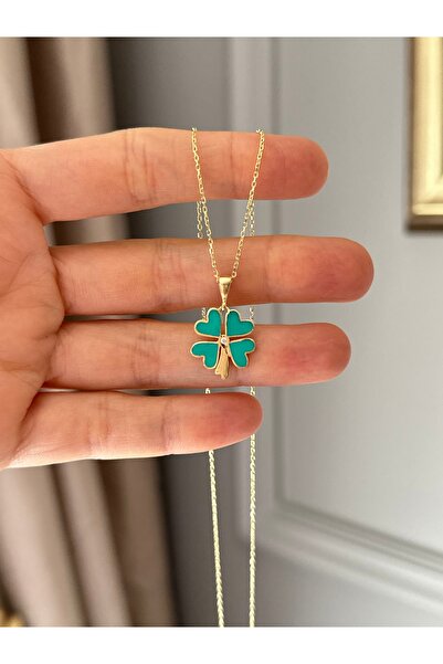 emy by emel luxury silver jewelry Altın Kaplama Yeşil Taşlı Yonca Kolye 925 A...
