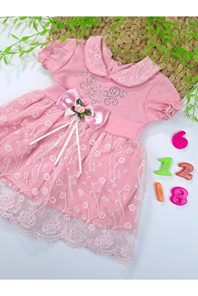 Butik Kız Çocuk Taş Detaylı Çiçek Fiyonklu Dantelli Pembe Renk Elbise