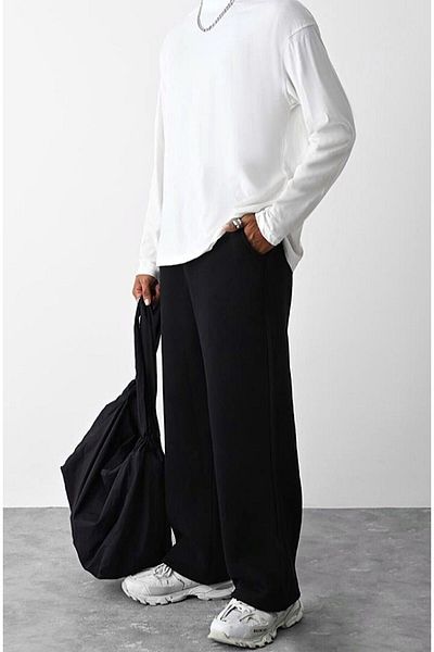 FİTGO Black Oversize Seasonal 2 Thread Tracksuit Bottom
