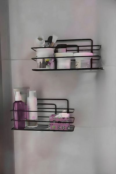 Kitchen Store 2-Piece Adhesive Bathroom Organizer Shampoo Holder Shower Shelf Matte Black Single Storey Organizer