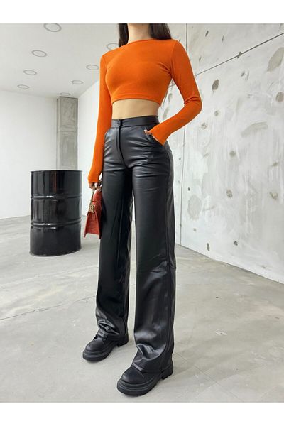 BİKELİFE Gefütterte Damenhose aus schwarzem Leder mit hoher Taille und weitem Bein