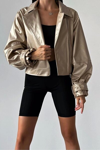 Eka Jachetă de piele oversize de damă bej 0991-9999