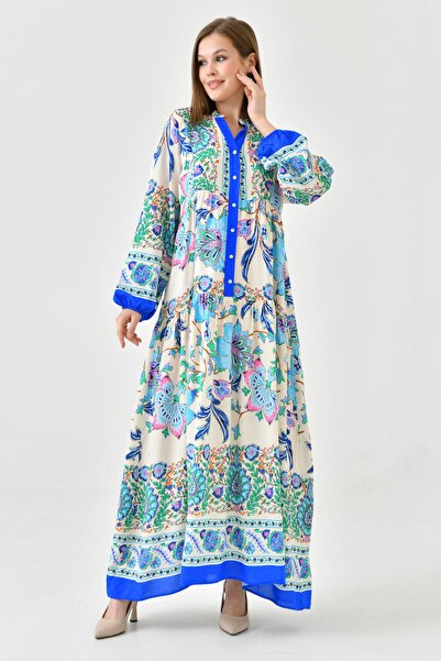 lovebox Ethnic λουλουδάτο μοτίβο με κουμπιά με επικρατέστερο γιακά μανίκι μπαλόνι μίντι μήκους φαρδύ φαρδύ καλοκαιρινό φόρεμα 2243