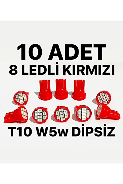 Doth T10 W5w Dipsiz 8 Ledli KIRMIZI Park Tavan Plaka Ampulü Uyumlu
