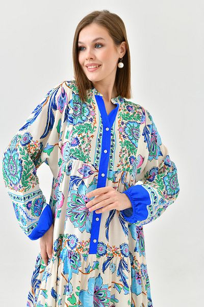 lovebox Rochie de vară cu croială evazată lată, cu modele florale etnice, guler predominant, mânecă cu balon, lungime midi 2243