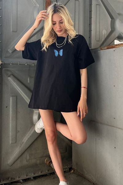 LOTS MODA T-shirt Blue Butterfly Printed Cotton Crew Neck Oversize