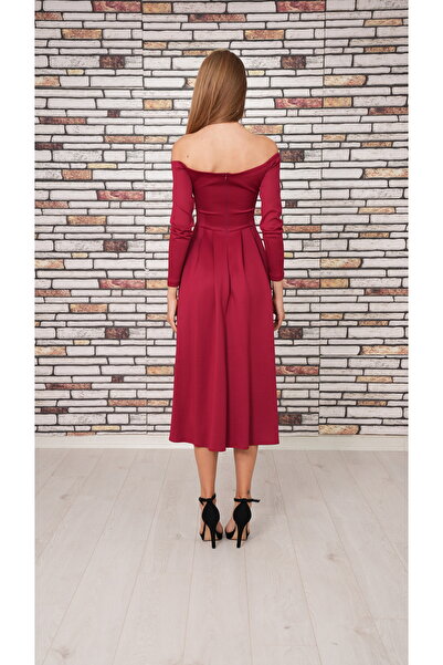 Styling Park Omuz Dekolte Midi Boy Uzun Kollu Elbise Mezuniyet Davet Balo Özel Gün