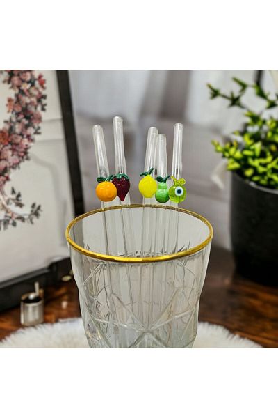 nazarboncuğu Set of 5 Glass Mixed Fruit Figured Straws