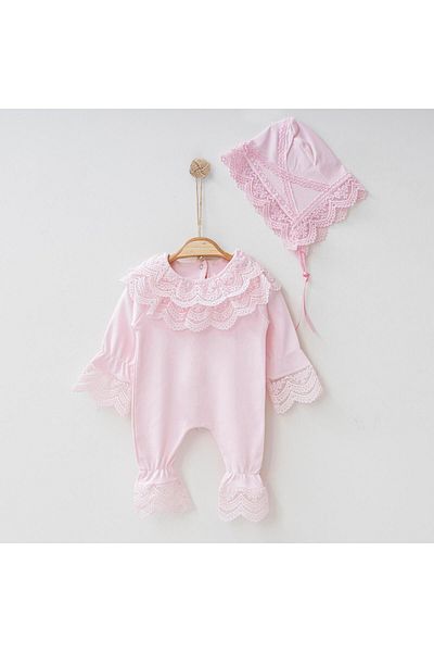 Buse&Eylül Bebe Pink Laced Hat Baby Girl Jumpsuit Set
