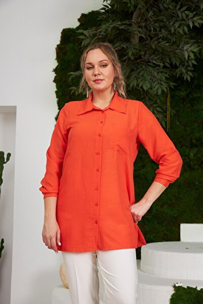 RMG Yanları Yırtmaç Detaylı Büyük Beden Turuncu Gömlek