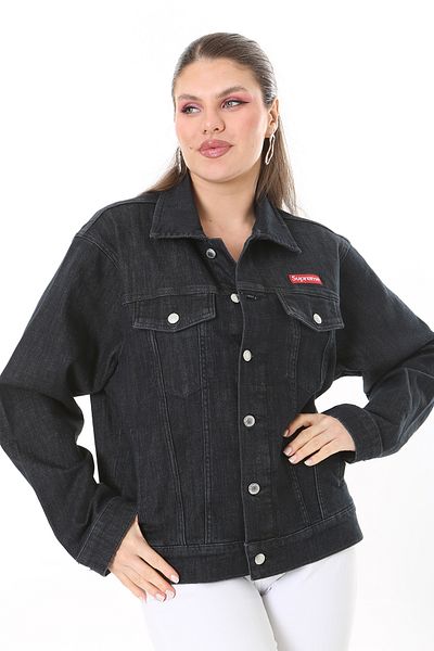Şans Women's Large Size Anthracite Metal Buttoned Denim Coat with Cup Detail and Pockets 65N37714