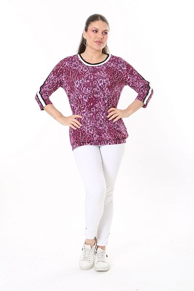 Şans Women's Plus Size Plum Collar and Sleeves Glitter Stripe Detailed Long Sleeve Blouse 65N37709