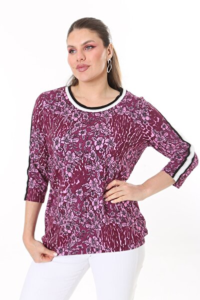Şans Women's Plus Size Plum Collar and Sleeves Glitter Stripe Detailed Long Sleeve Blouse 65N37709