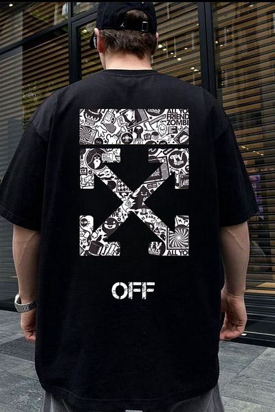 AMMA Unisex Black Off Cross Printed Printed Short Sleeve 100% Cotton T-shirt
