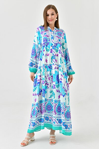 lovebox Ethnic λουλουδάτο μοτίβο με κουμπιά με επικρατέστερο γιακά μανίκι μπαλόνι μίντι μήκους φαρδύ φαρδύ καλοκαιρινό φόρεμα 2243