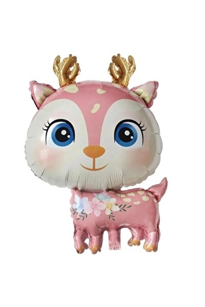 SURPRISE PARTY STORE Çiçek Desenli Pembe Renk Sevimli Geyik Figürü Folyo Balon 49x74,5cm