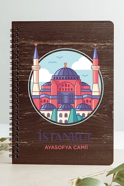 SaltanArt Moscheea Hagia Sofia din Istanbul Designul orașului Caiet cu copertă din lemn Hârtie Kraft Cadou cu design special