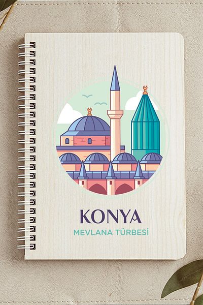 SaltanArt Konya Mevlana Turbesi City Design Wooden Cover Notebook Kraft Paper Special Design Gift
