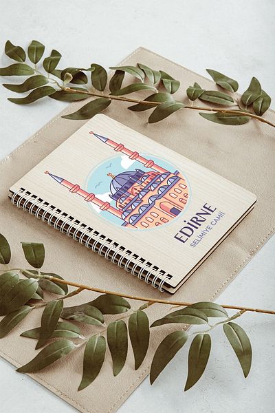 SaltanArt Moscheea Edirne Selimiye City Design Caiet cu copertă din lemn Hârtie Kraft Design special Cadou