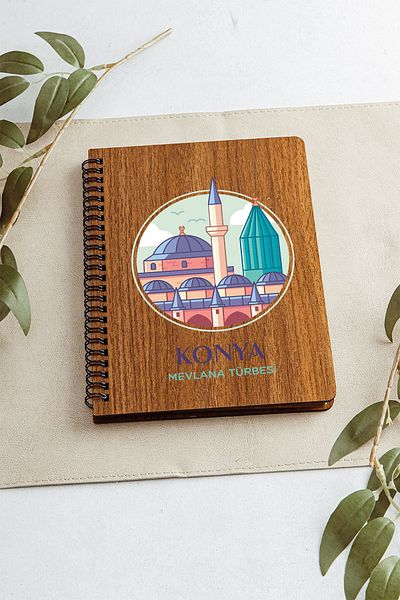 SaltanArt Konya Mevlana Turbesi City Design Wooden Cover Notebook Kraft Paper Special Design Gift