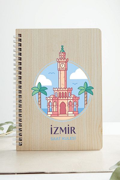 SaltanArt Izmir Clock Tower City Design Ξύλινο Εξώφυλλο Σημειωματάριο Kraft Χαρτί Ειδικού Σχεδίου