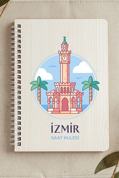 SaltanArt Izmir Clock Tower City Design Ξύλινο Εξώφυλλο Σημειωματάριο Kraft Χαρτί Ειδικού Σχεδίου