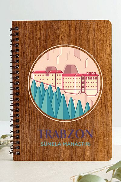 SaltanArt Trabzon Sümela Monastery City Design Ξύλινο Εξώφυλλο Σημειωματάριο Kraft Χαρτί Ειδικού Σχεδιασμού Δώρο