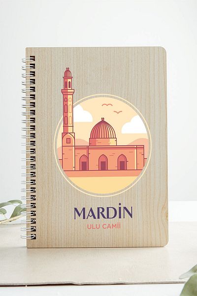 SaltanArt دفتر ملاحظات بتصميم المدينة من Mardin Ulu Mosque مع غطاء خشبي من ورق الكرافت هدية بتصميم خاص