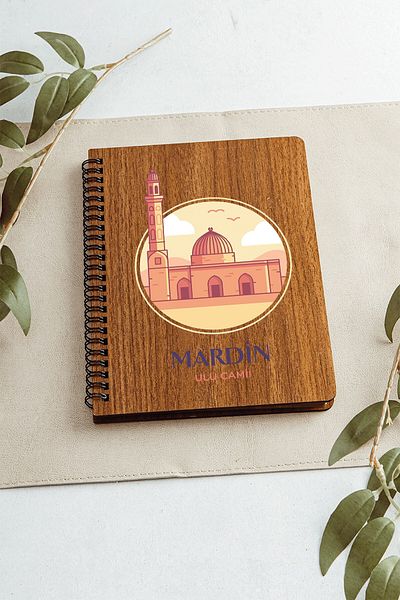 SaltanArt دفتر ملاحظات بتصميم المدينة من Mardin Ulu Mosque مع غطاء خشبي من ورق الكرافت هدية بتصميم خاص