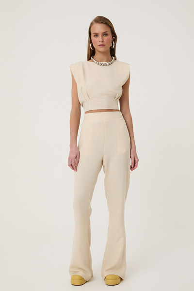 Quzu Yüksel Bel Cepli Pantolon Naturel Kadın