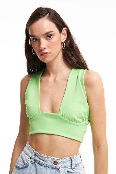 Quzu Кратка блуза с кръстосана връзка Неоново зелено