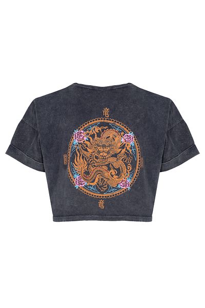 Quzu Back Printed Crop T-Shirt Anthracite