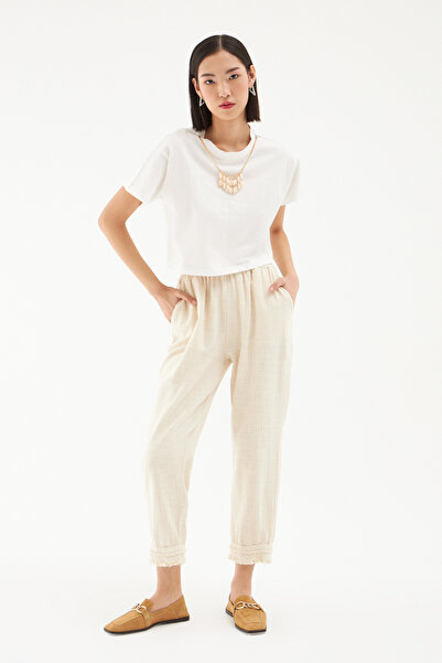 Quzu Paçası Püsküllü Keten Pantolon Naturel