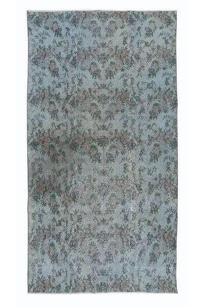150x275 cm Yeniden Boyanmış Açık Mavi El Dokuma Halı, El Yapımı Çiçek Desenli Halı