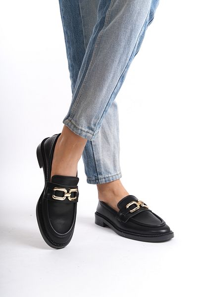 Moda Değirmeni Μαύρο δέρμα γυναικεία αλυσίδα με πόρπη loafer casual παπούτσια BG1095-112-0007