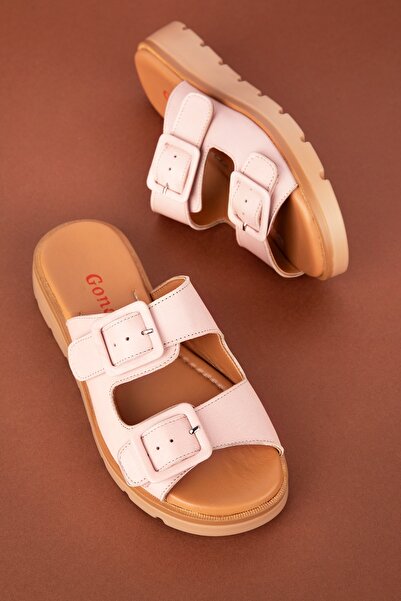 Gondol Kadın Hakiki Deri Çift Tokalı Terlik Mlk.002