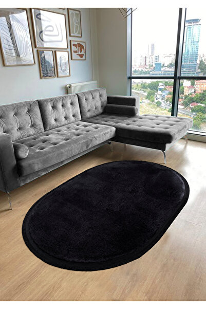 Valery Home Vl Comfort Oval Düz Saçaklı Peluş Yıkanabilir Siyah Yolluk