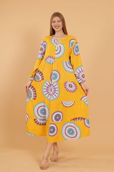 mervemoda Γυναικείο μακρυμάνικο ολόσωμο εμπριμέ υφαντό φόρεμα