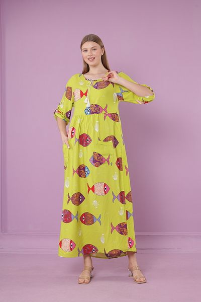 mervemoda Γυναικείο μακρύ φόρεμα με λαιμόκοψη με υφαντό βισκόζη