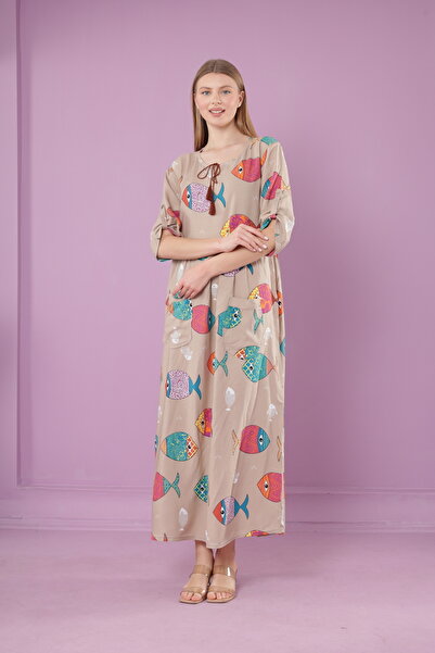 mervemoda Γυναικείο μακρύ φόρεμα με λαιμόκοψη με υφαντό βισκόζη