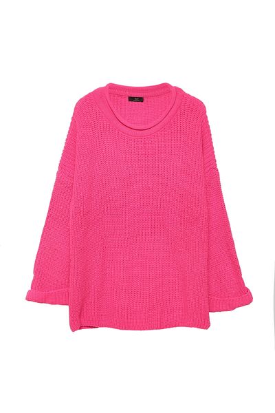 Quzu Crew Neck Knit Sweater Fuchsia