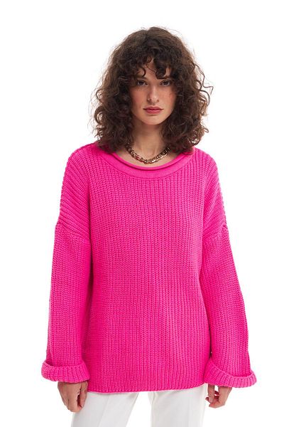 Quzu Crew Neck Knit Sweater Fuchsia