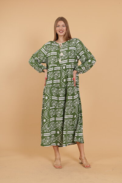 mervemoda Women's long sleeve full length printed woven dress