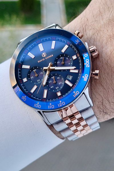 DAVID GUNER Rose Silver Color Inner Gauges Men's Wrist Watch with Active Gift Package