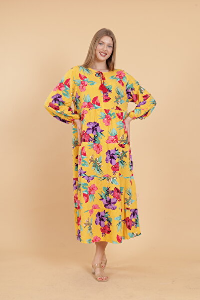 mervemoda Women's long sleeve full length printed woven dress