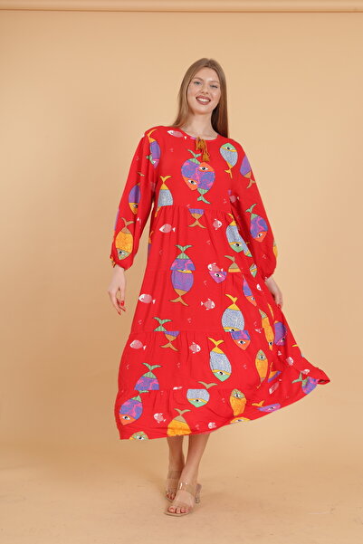 mervemoda Women's Long Sleeve Full Length Patterned Woven Dress