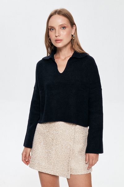 Quzu Πουκάμισο γιακάς Crop πουλόβερ Navy Blue