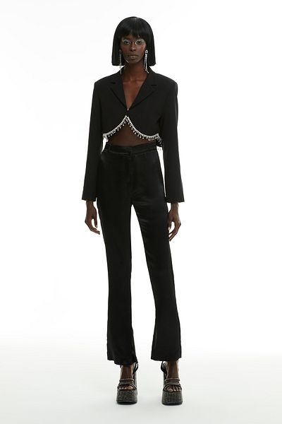 Quzu Σακάκι πέτρινο Crop Blazer με λεπτομέρειες